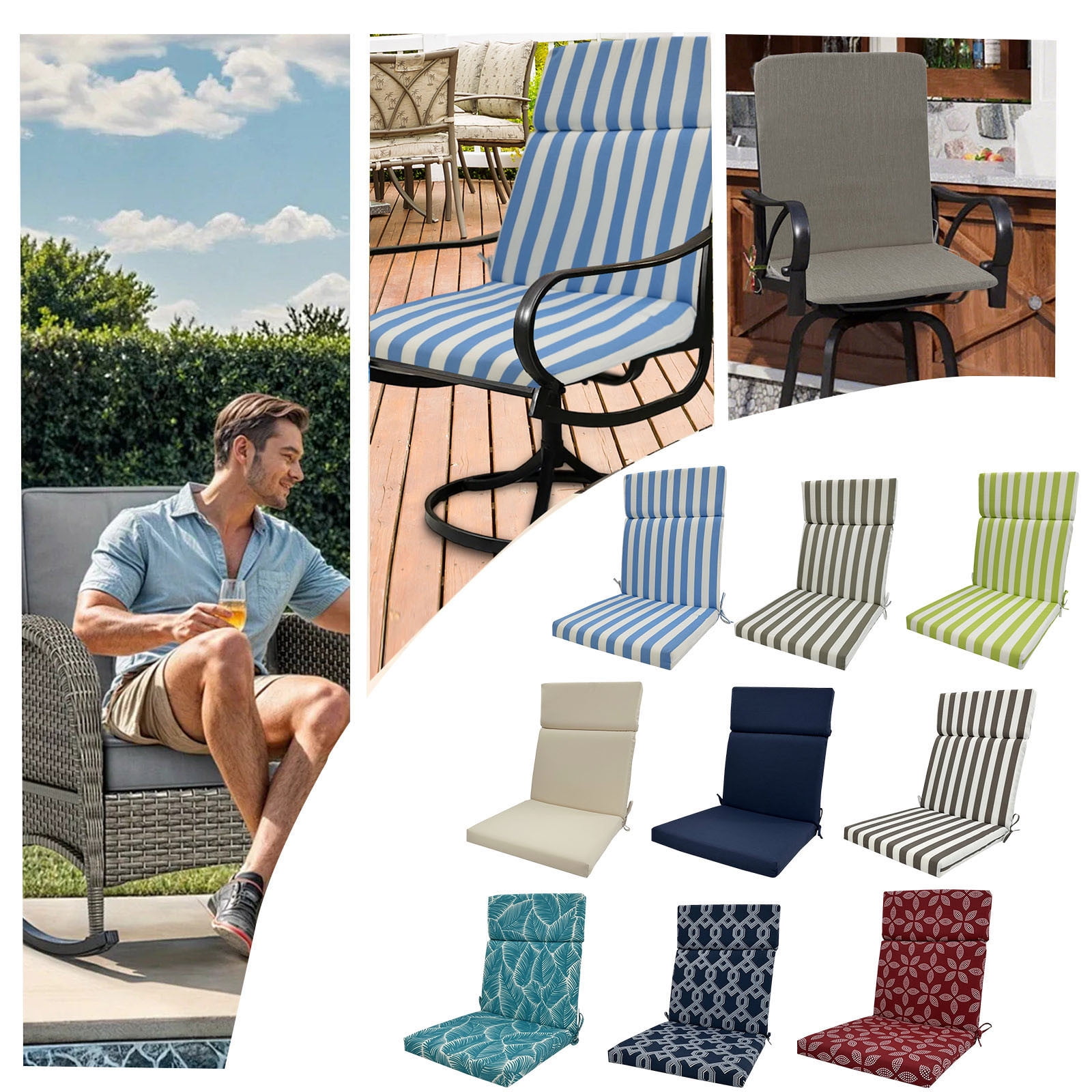 Water Resistant Patio Chair Cushion Set with High Back - Outdoor Indoor Seat & Backrest Pads, Removable Machine Washable Covers for Dining, Camping, Beach, and Office Chairs