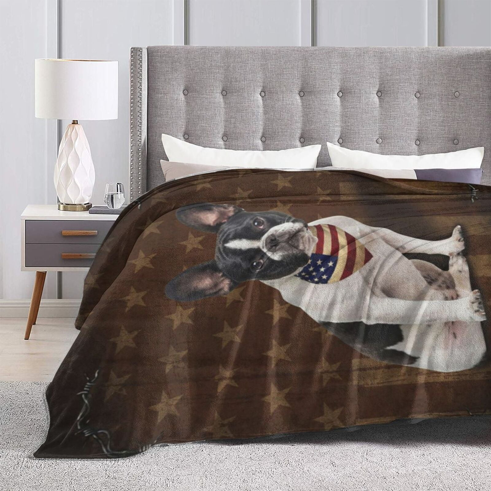 Wijzvio Boston Terrier Bulldog Dog With Vintage American Flag Throw Blanket Soft Fuzzy Fleece Blanket For Couch Bed Living Room Decoration 50"X40"