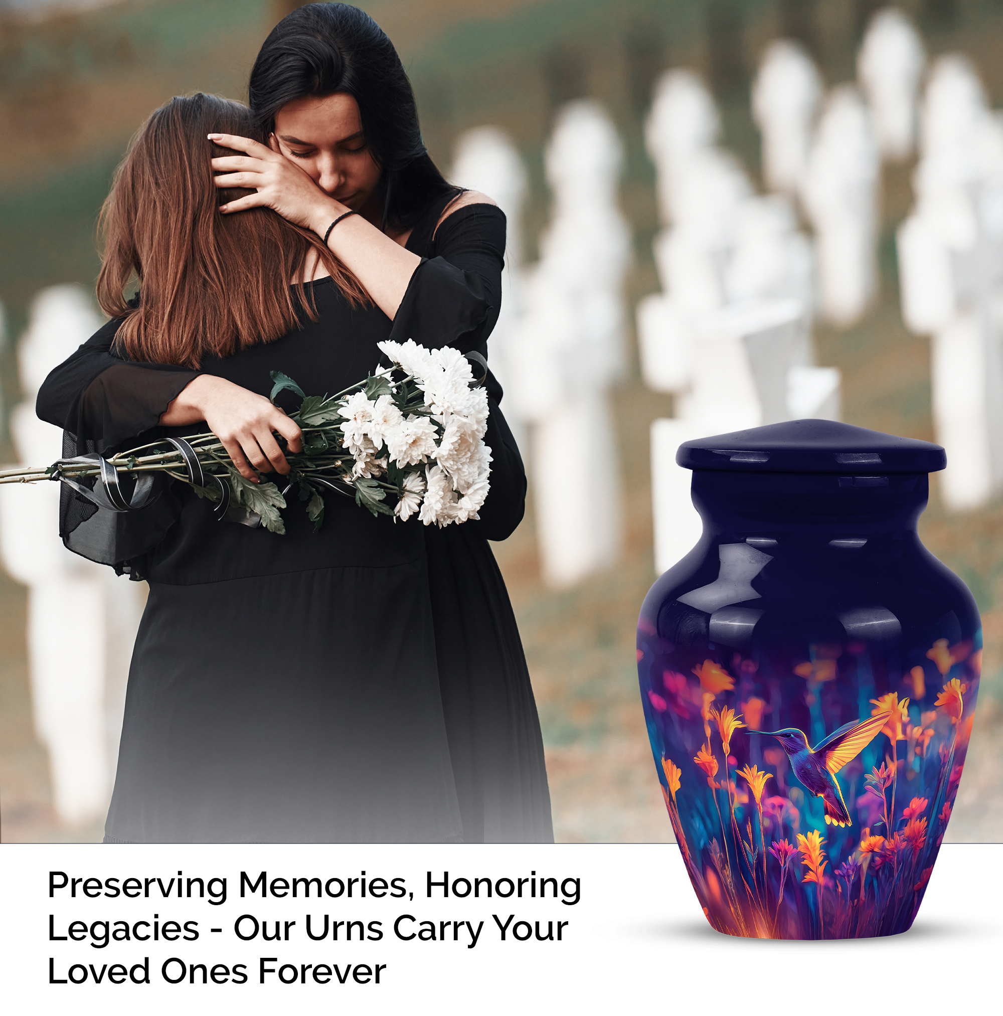 MUKTIVE Hummingbird Urns for Human Ashes for Men & Women 3 Inch - Yellow Flowers keepsake Urn for Ashes Adult Male - Cremation Urns for Burial, Funeral & Memorial - Dark Blue Samll Urn for Dad & Mom