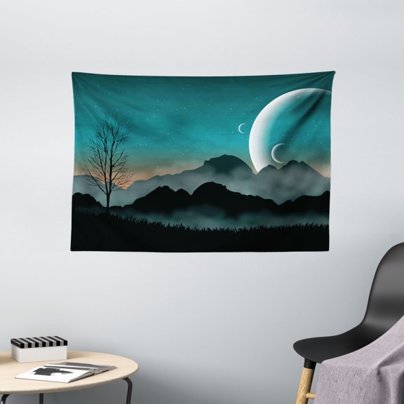 Space Tapestry, Night Sky on Mountain Range Forest Crescent Moon Star Cosmic Infinity Astral Graphic, Wall Hanging for Bedroom Living Room Dorm Decor, 60W X 40L Inches, Teal Black, by Ambesonne