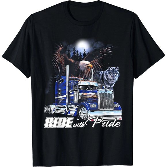 Ride with Pride Trucker Eagle Wolf Patriotic Graphic Design Unisex T-Shirt G600, up to Size 5XL