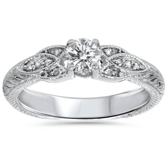 Pompeii 3/8ct Vintage Diamond Floral Engraved Engagement Ring 14K White Gold (H/I,I1-I2)