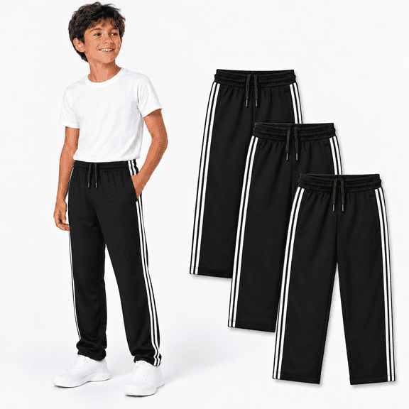DARESAY Boys Mesh Athletic Pants 3-Pack, Lightweight Quick-Dry Active Pants with Pockets & Adjustable Drawstring, Sizes 4-16