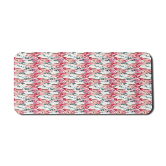 Romantic Computer Mouse Pad, Vintage Pastel Finch Birds Rose Blossoms and Butterflies Wedding Celebration, Rectangle Non-Slip Rubber Mousepad X-Large, 35" x 15", Pink Cadet Blue, by Ambesonne