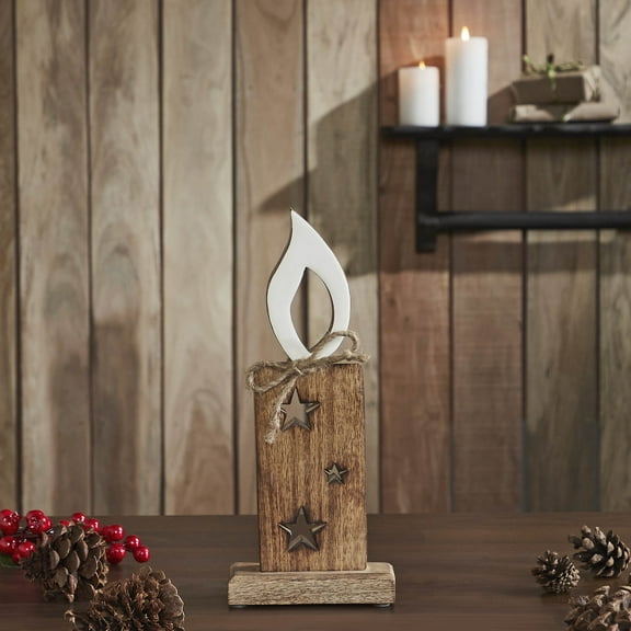 VHC Brands White Flame Natural Candle w/Stars Wooden Figurine 12x5x2