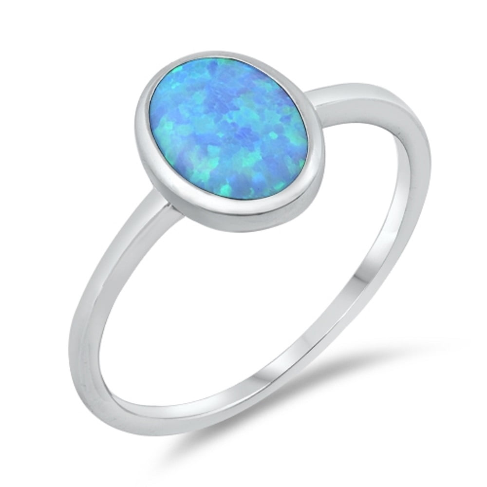 Oval Ring Genuine Sterling Silver 925 Blue Lab Opal Face Height 6 mm Size 8 