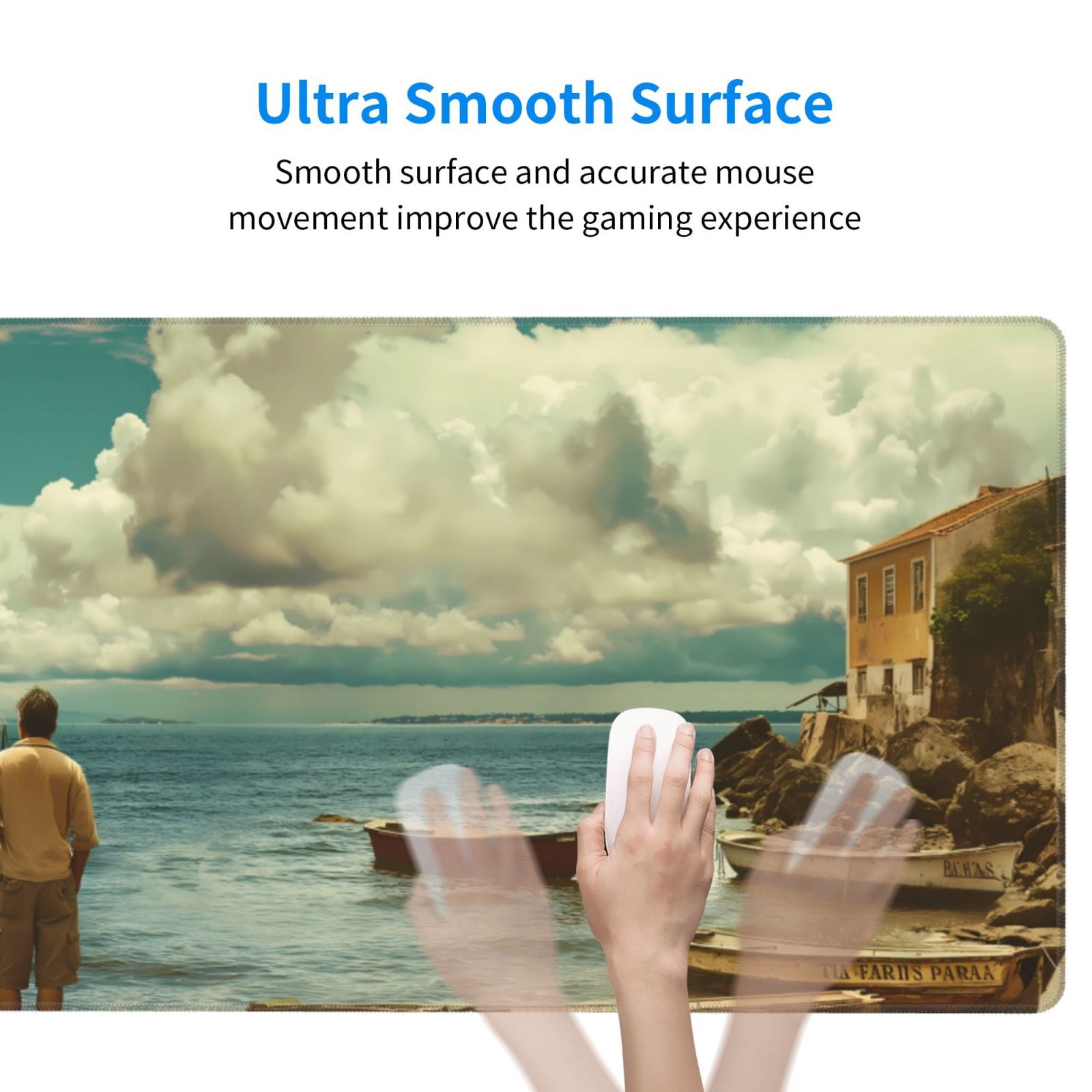 Rateoe Serene Coastal Blue Sky Print Mouse Pad - Extended Large Gaming Mousepad,Non-Slip Stitched Edge,16x29.5 Inch