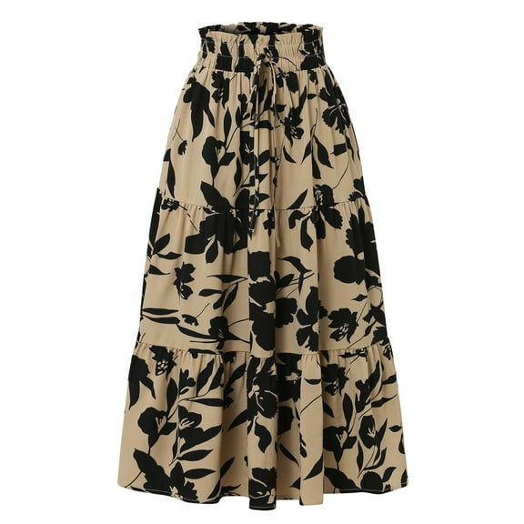 Yucgh Women's Pleated Floral Midi Skirt with Drawstring Elastic Waist, Lightweight Casual Summer Skirt, Boho Printed A-line Skirt ,Khaki,M