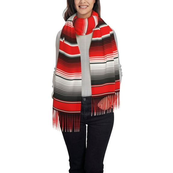 Rateoe Red Black and White Serape Blanket Stripes Printed Women's Traditional Scarf Wrap Tassel Shawl Fringes Neck Head Shawl Retro Scarf