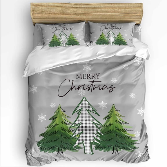 Merry Christmas Queen Size Comforter Set, Green Plaid Xmas Tree Winter Snowflakes Grey Bedding for All Seasons, 4 Pcs Bed Set with 1Comforter (90"x92") ,1 Sheet(94"x116"), 2 Pillowcases (19"x29")