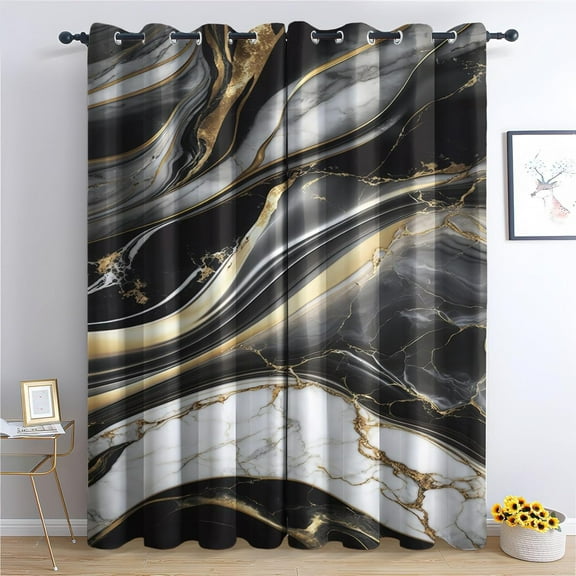 Black Gold Marble Curtains For Living Room, Modern Luxury Blackout Curtains For Bedroom - Abstract Decor Window Curtains, Grommet Drapes 52"W x 84"L (Pack of 2)
