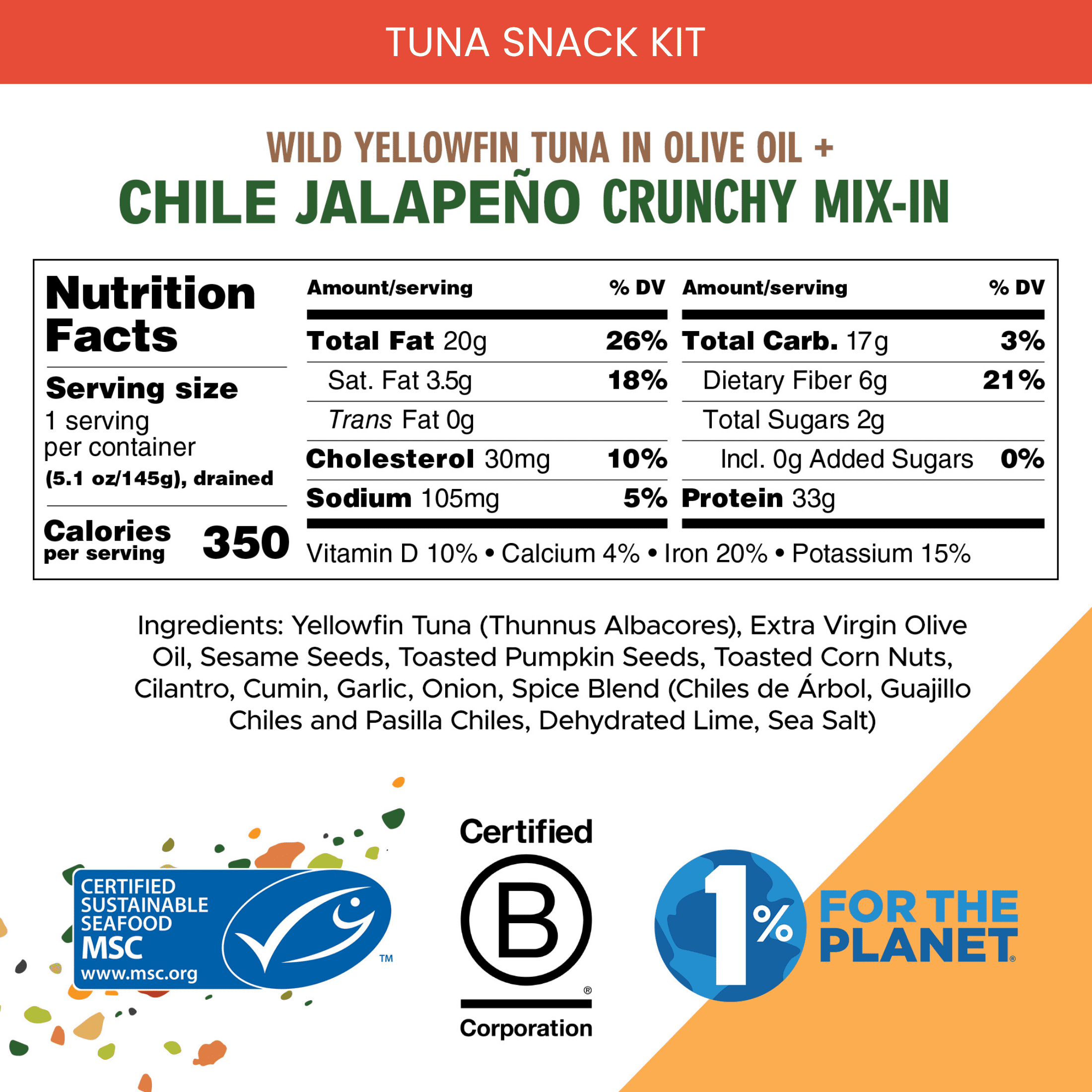 (6 pack) Scout Tuna Snack Kit, Chili Jalapeño, Wild Yellowfin Tuna + Crunchy Mix-in for 33g of Protein on the Go with Spork, 5.1oz Cup