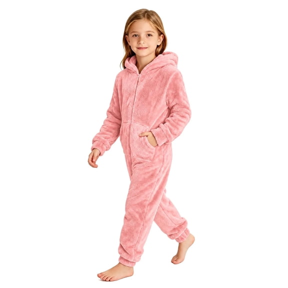 Cethrio Girls Fleece One-piece Pajamas, Warm Long Sleeve Hooded Full Zip Winter Loungewear Jumpsuit Size 7-8 Years Pink