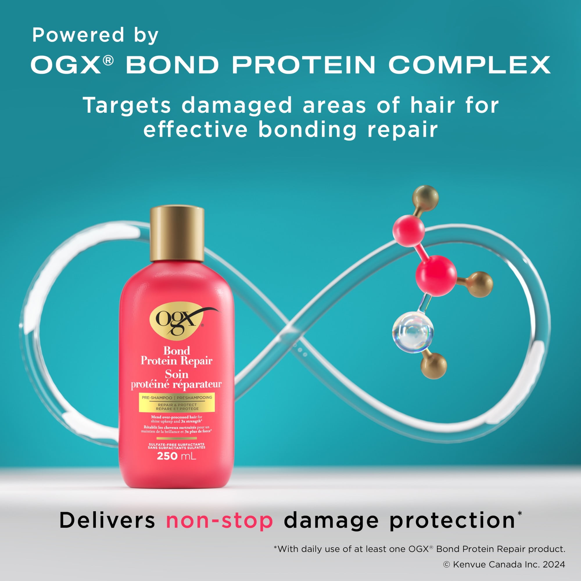 Préshampooing Soin protéiné réparateur OGX® Répare et protège, ce soin avant shampooing aide à réparer les cheveux surtraités pour des cheveux brillants et 3x plus forts*, surfactants sans sulfat 250 mL