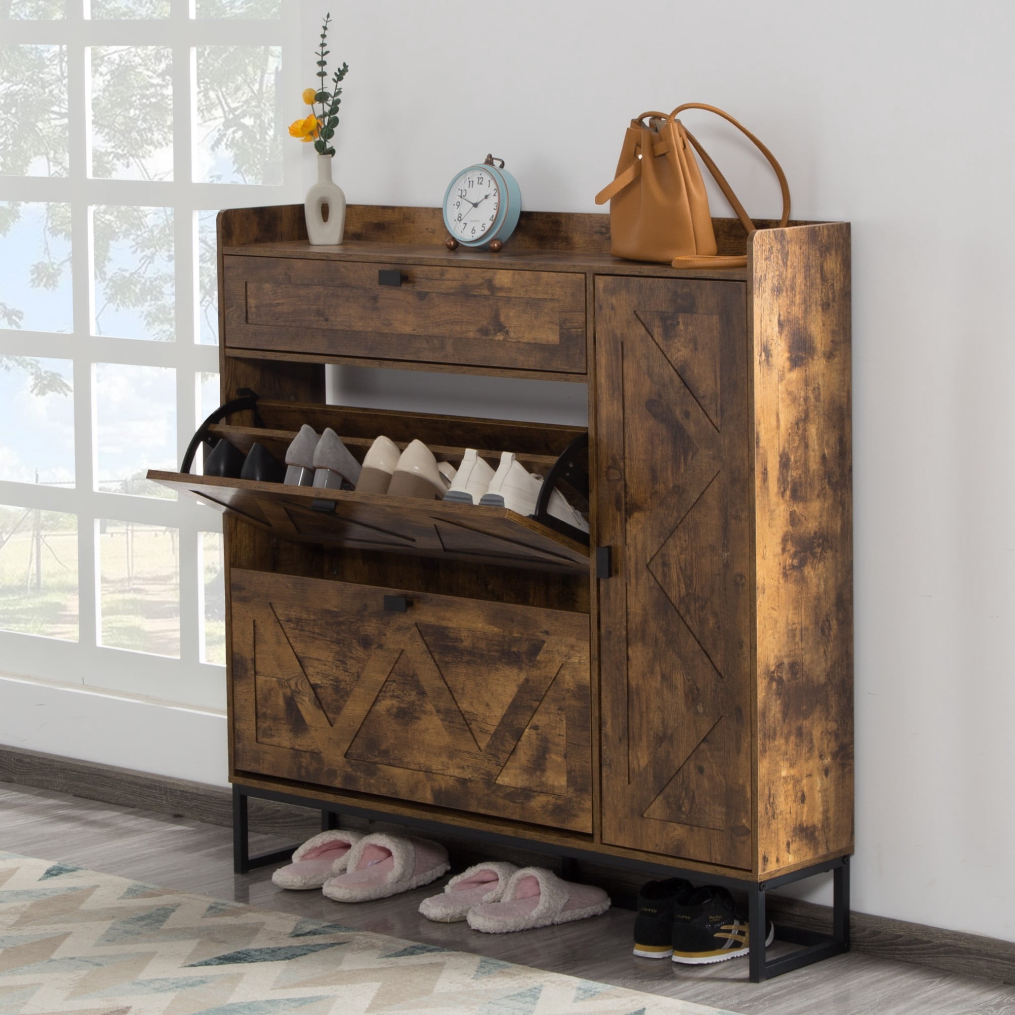 BSHTI Shoe Storage Cabinet with 2 Flip Drawers & Side Cabinet, High-Quality MDF in a Rustic Brown Finish, Adjustable & Versatile Storage, Easy Assembly