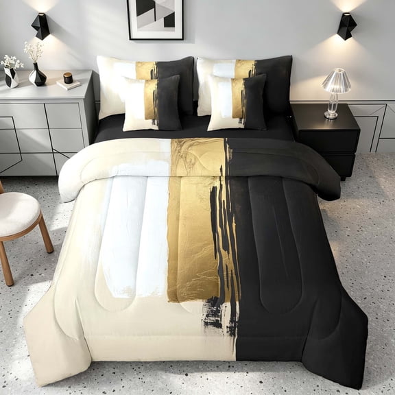 Manfei Retro Oil Painting Twin Bedding, Beige Black White Ombre Bedding Comforter Set, Black Reversible 7 Pieces