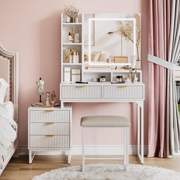 White Vanity Makeup Desk, Vanity Set with Mirror and 3-Mode Lights, 5 Drawers Vanity Table with Removable Side Storage Cabinet, Stool for Bedroom