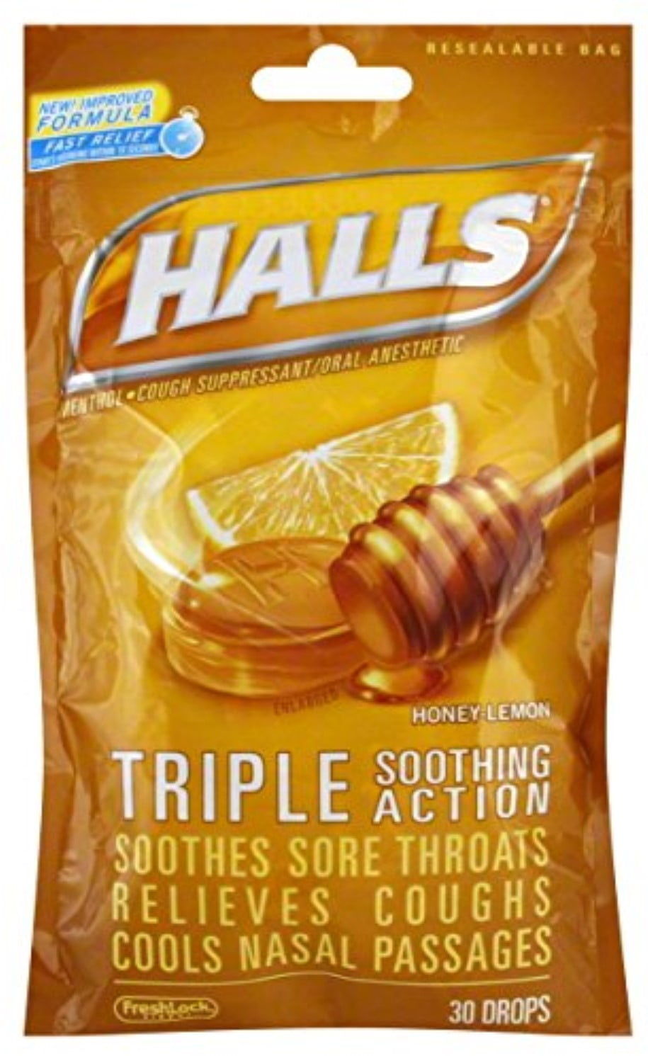 Halls Triple Soothing Action Cough Drops, Honey Lemon 30 Each (Pack of