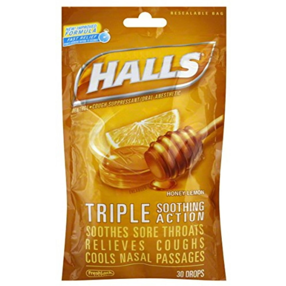 Halls Triple Soothing Action Cough Drops, Honey Lemon 30 Each (Pack of