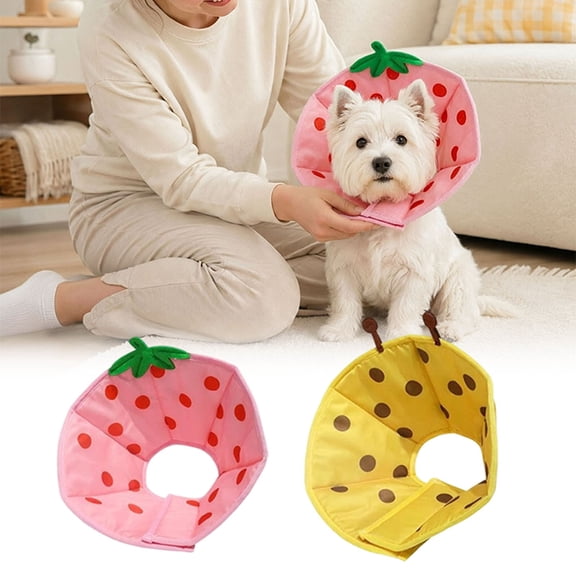 Strawberry/Bee Recovery Collar Soft Fruit Elizabethan Cone for Dogs Cats Adjustable Comfort Post-Surgery Neck Brace with Cute Pattern Pink - S