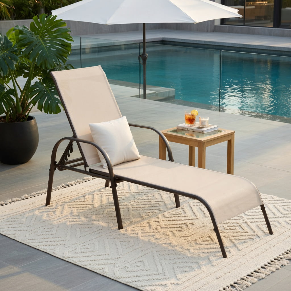 Hommoo Adjustable Folding Patio Chaise Lounge Chair, 5-Position Reclining Backrest, Weather-Resistant Fabric & Powder-Coated Steel Frame, Brown