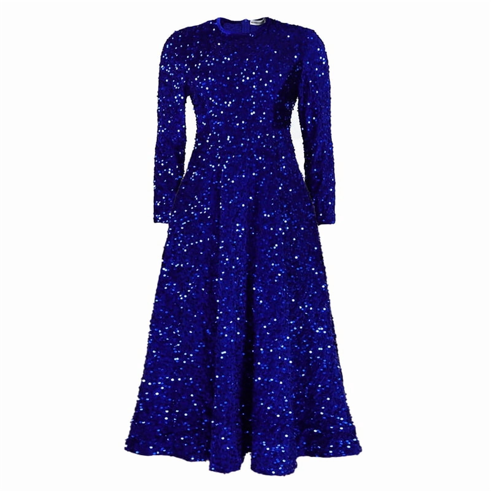 Women'S Sequin Dress Plus Size Long Sleeve A-Line Flared Party Cocktail Evening Shiny Maxi Dress Royal Blue M