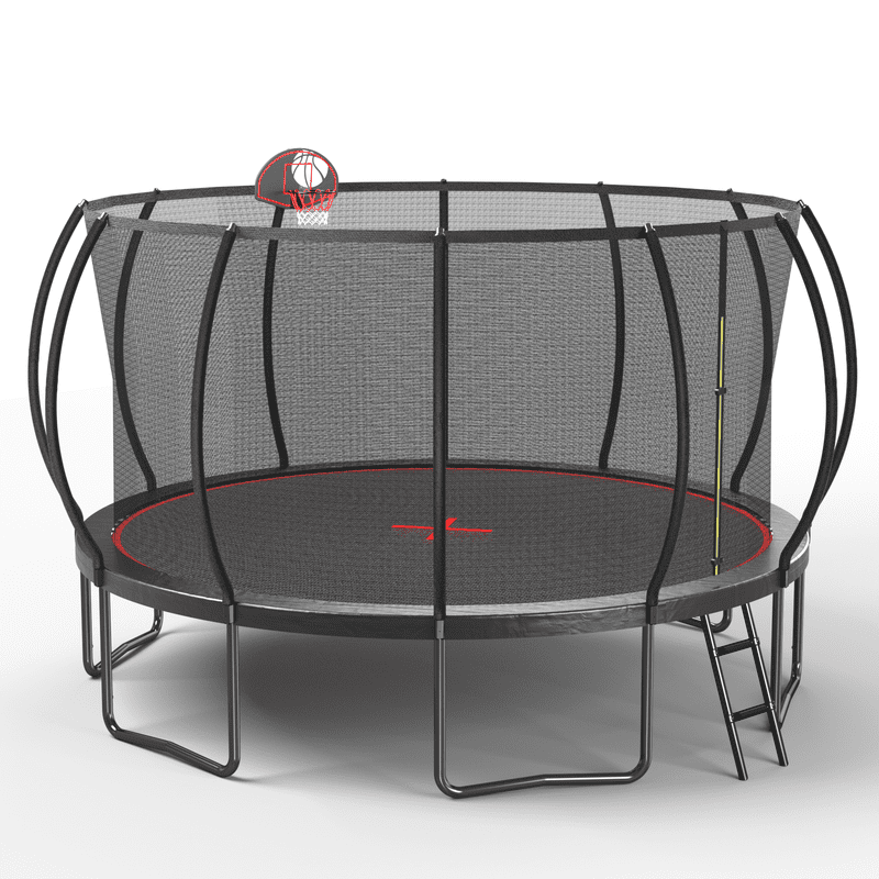 16FT Round Trampoline with Safety Enclosure, Basketball Hoop & Ladder, Galvanized Steel Frame, Outdoor Backyard Trampoline for Kids, Black
