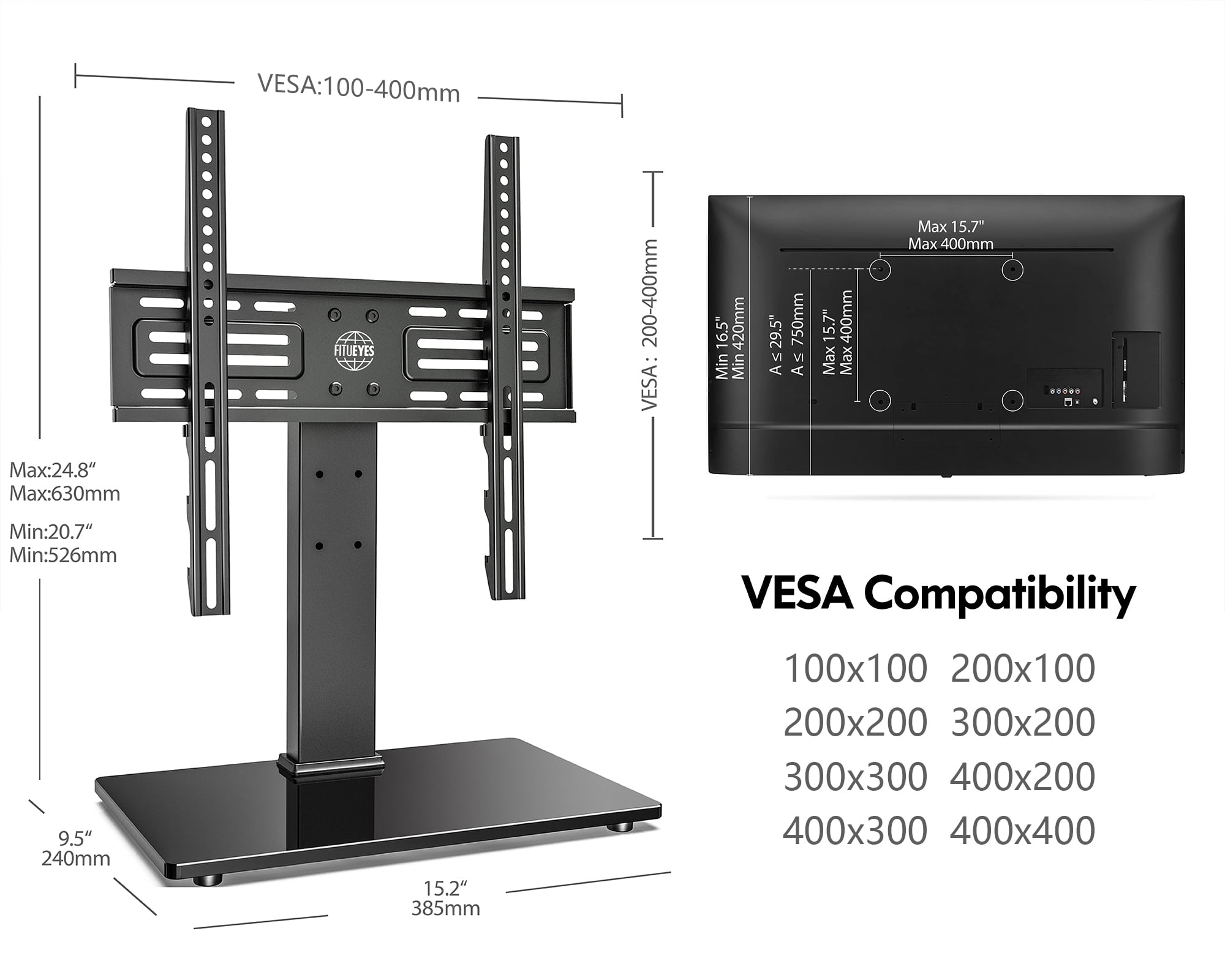 FITUEYES Universal TV Stand Base, Table Top TV Stand for 50" - 85", Black,Tempered Glass Shelf