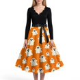 thumbnail image 4 of Women's Halloween Dress Candy 1950s Long Sleeve Fall Dresses Witch Hat Cocktail V-Neck Horror Tea Length Dress with Belt XL, 4 of 5