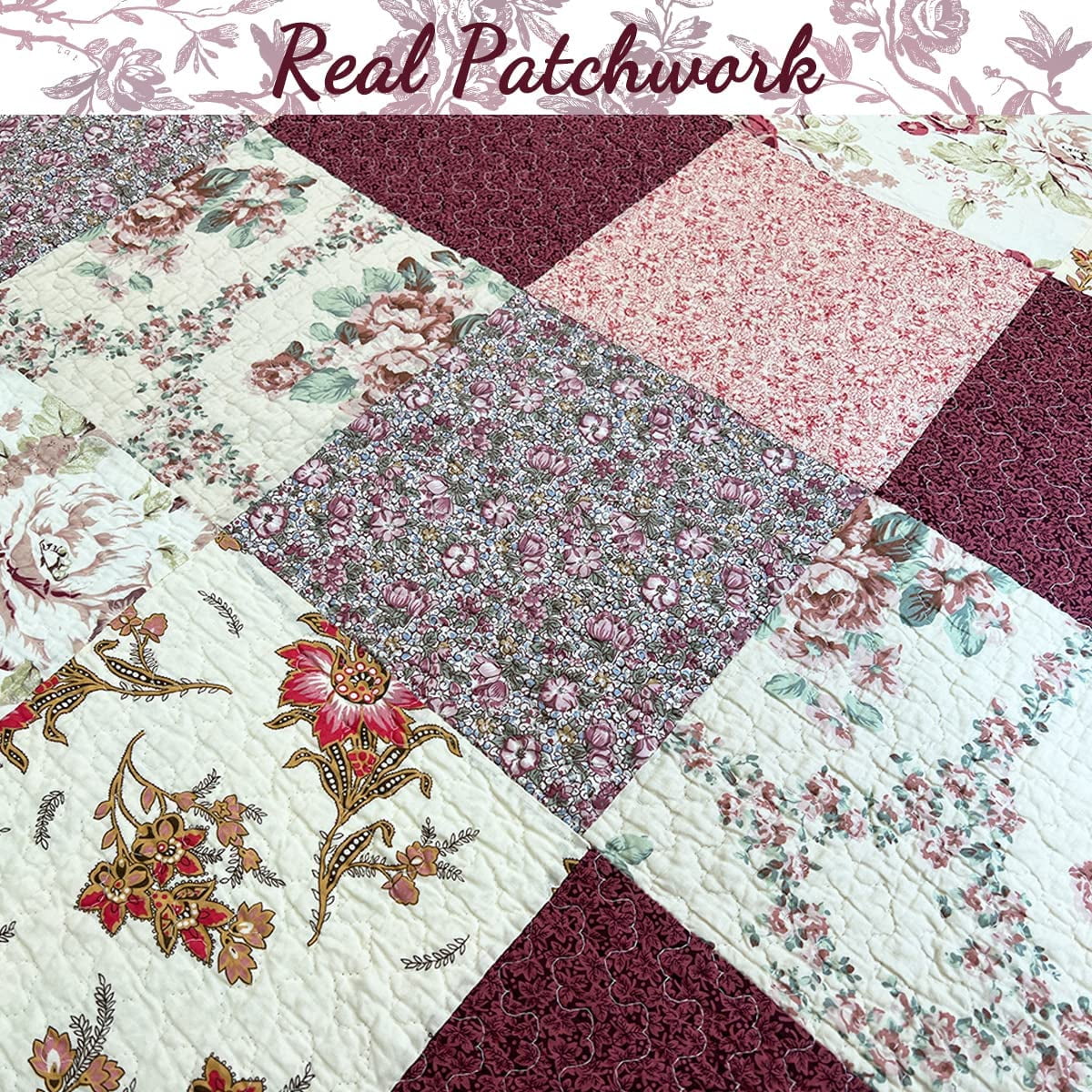 Cozy Line Country Cottage Floral Burgundy Red Scalloped Edge Real Patchwork 100% Cotton 3-Piece Reversible Quilt Set, King