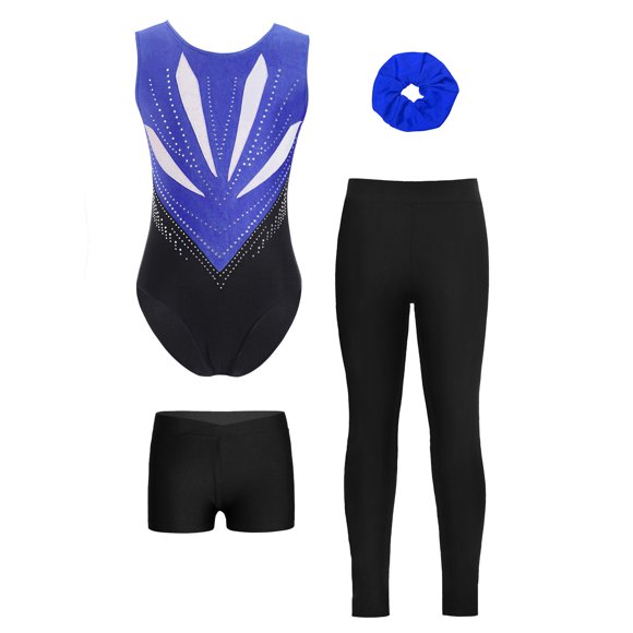 Venjoe Kids Girls Sleeveless Gymnastics Leotard Sparkly Rhinestones Patchwork Bodysuit with Shorts Leggings and Hair Tie Set Blue&Black 6
