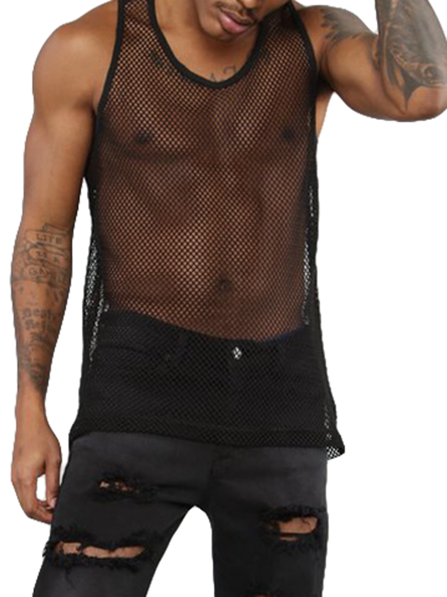 Gwiyeopda Mens Mesh See Through Tank Top Sleeveless Round Neck