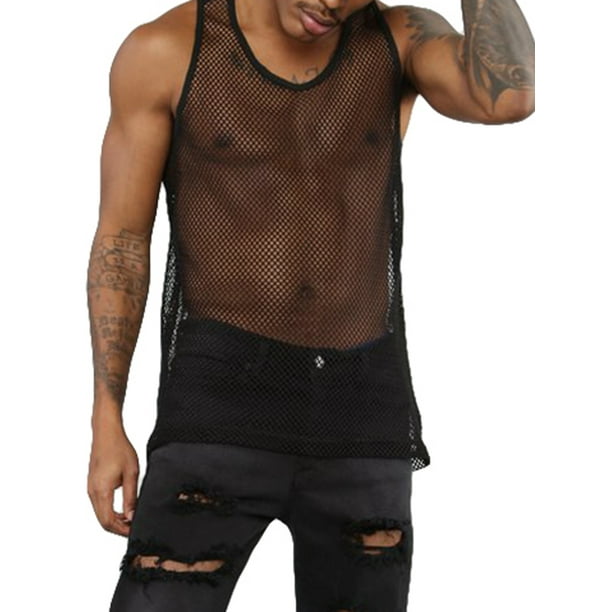 Gwiyeopda Mens Mesh See Through Tank Top Sleeveless Round Neck