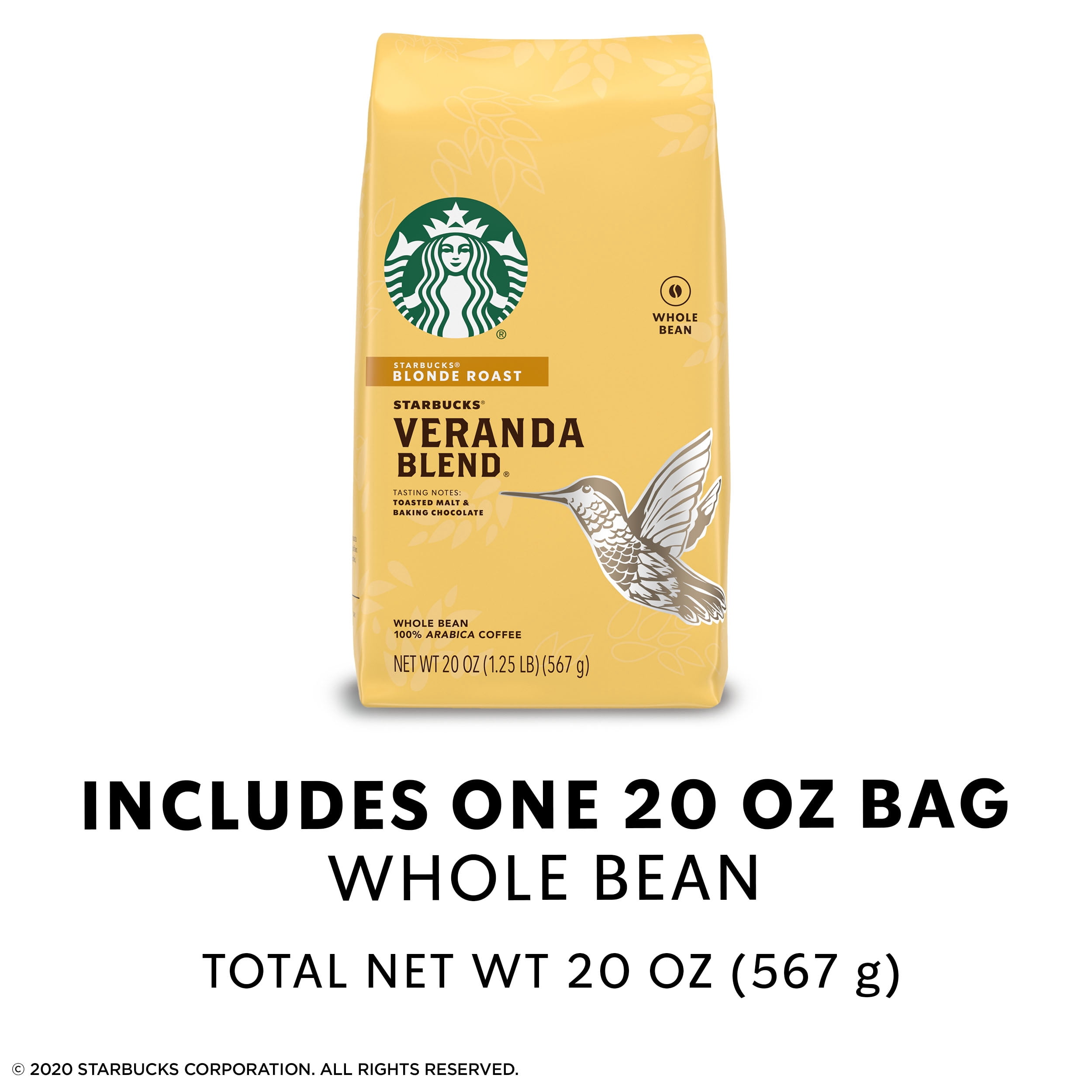Starbucks Veranda Blend Blonde Medium Roast Whole Bean Coffee, 20 Oz, Bag
