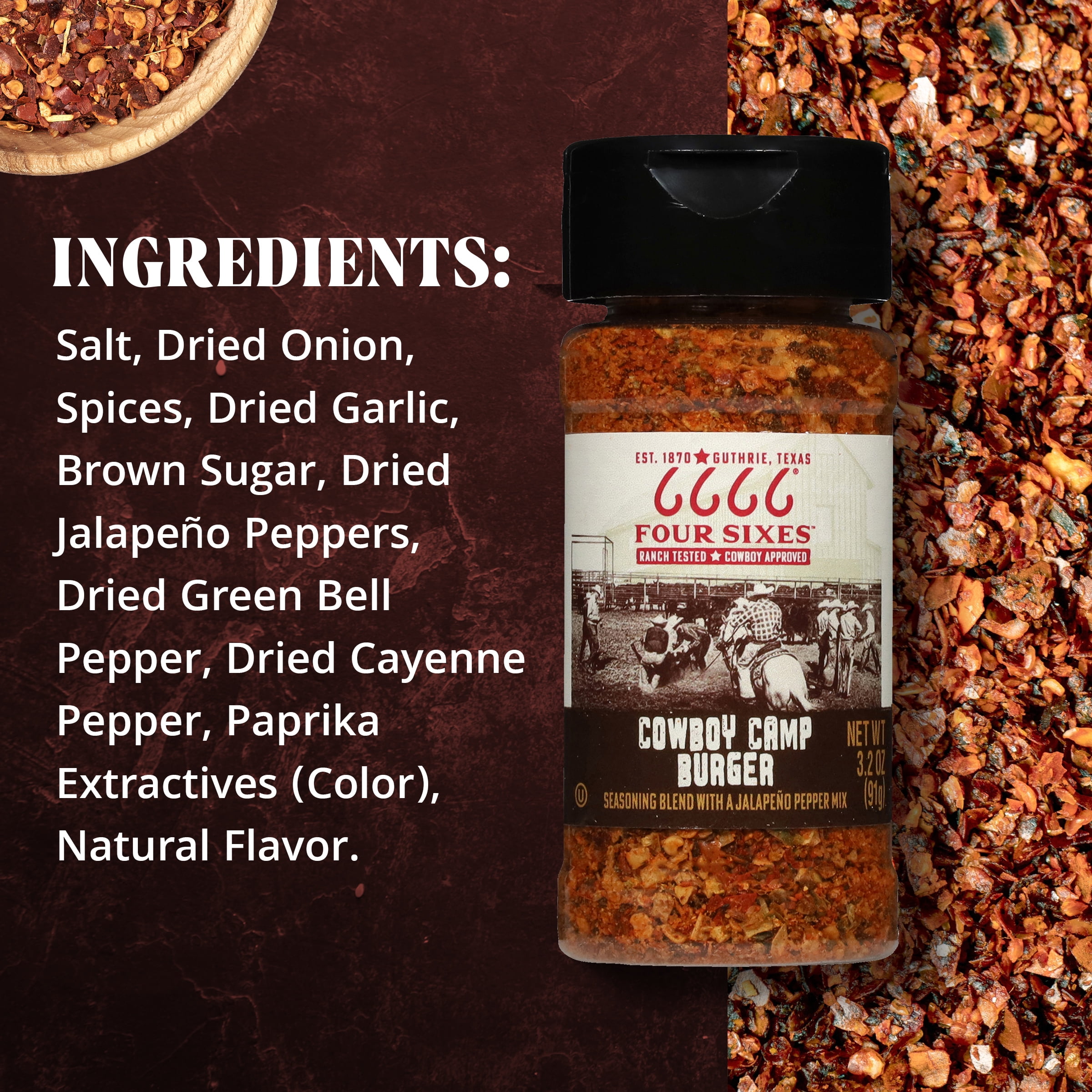 Four Sixes Cowboy Camp Burger Seasoning Blend with Jalapeno Pepper Mix, 5.75 oz Bottle