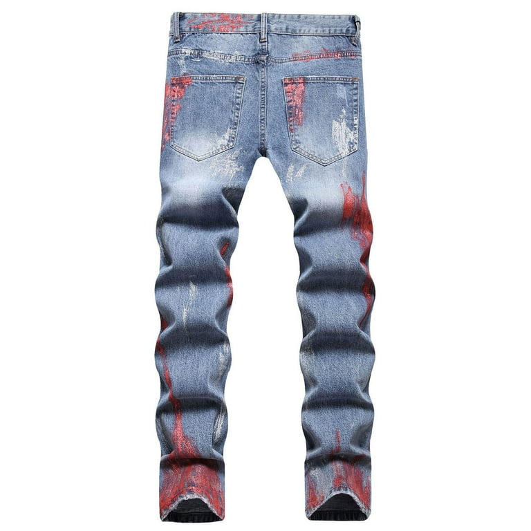 YLSDL Men s Slim Fit Stretch Denim Pants Spray Paint Jeans Splattered Distressed Denim Jeans Hip Hop Ripped Biker Jeans Blue M Walmart