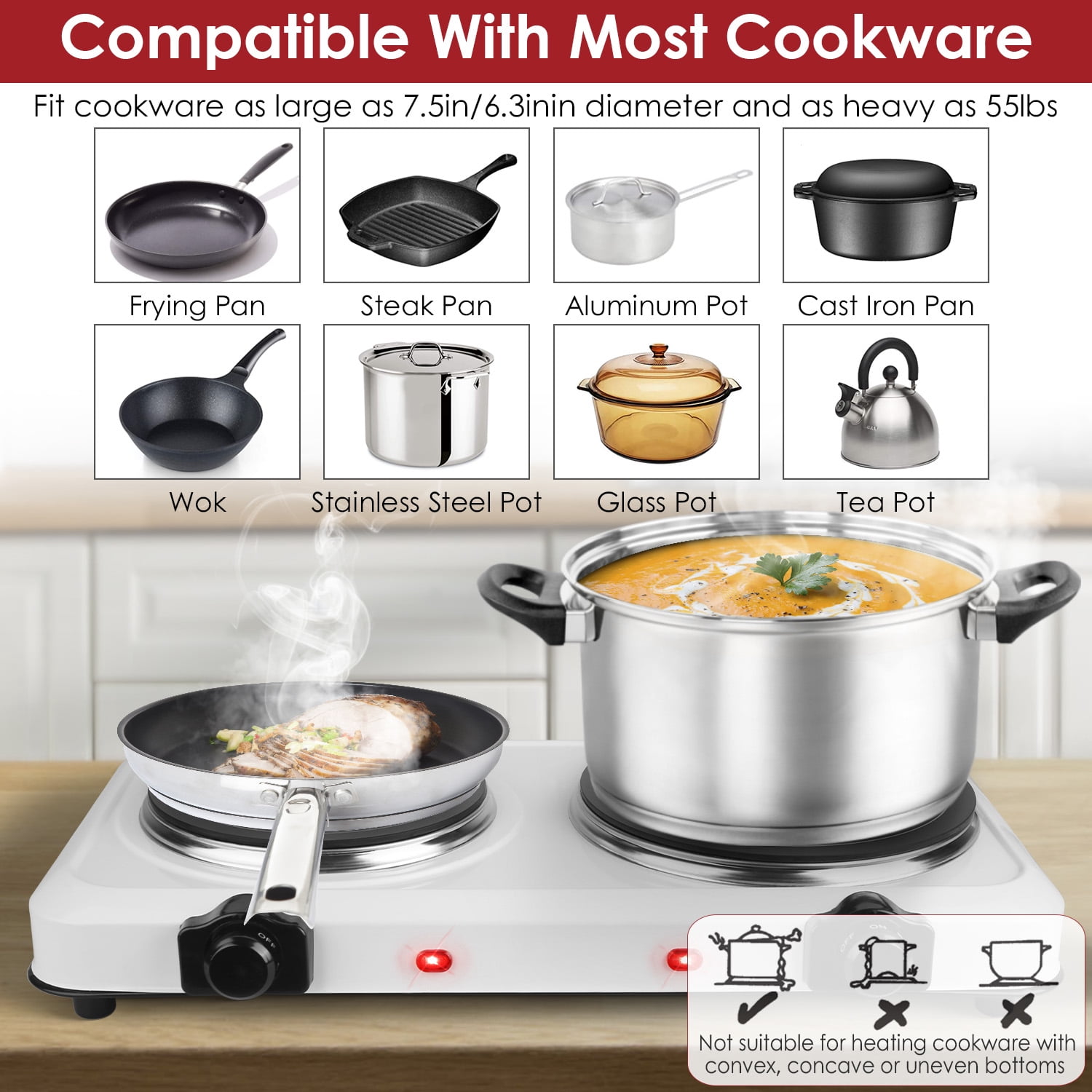 Imountek 1800W Dual Hot Plate Electric Burner with 7.5” & 6.3” Glass Cooktop Stepless, Infrared Countertop Burner, White
