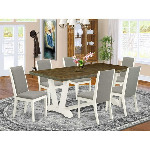 East West Furniture V077LA206-7 7-Piece Fashionable Dining Room Set a Good Distressed Jacobean Wood Dining Table Top and 6 Amazing Linen Fabric Parson Chairs with Stylish Chair Back, Linen White...