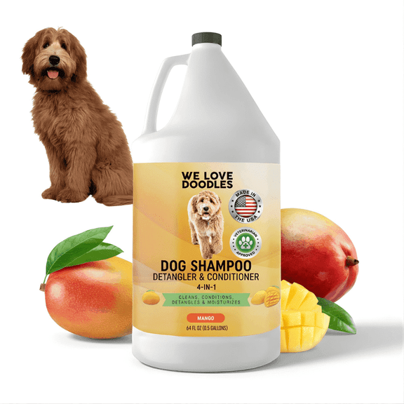 We Love Doodles Organic Professional 4-in-1 Dog Shampoo, Conditioner, Detangler, & Moisturizer, Mango, 64 fl-oz