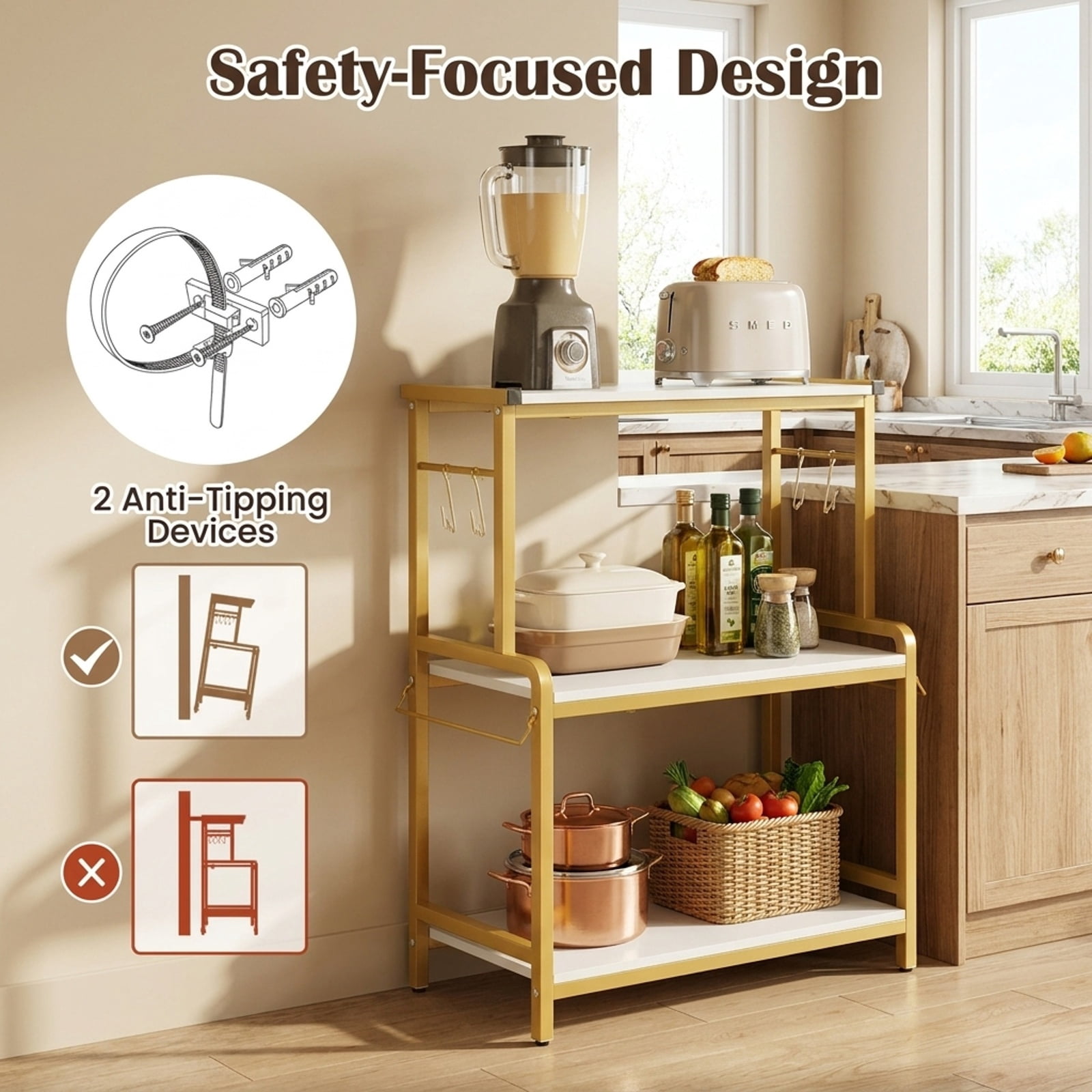 Furnibear 3-Tier Rolling Microwave Cart with Power Outlet and 10 Hooks and Lockable Wheels