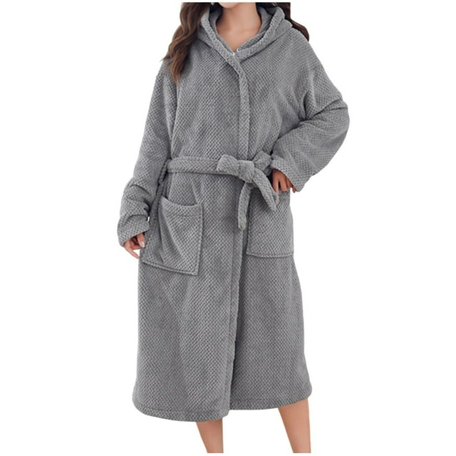 HAiming Robe for Women Long Hooded Bathrobe Warm Cloth Thickened Fleece Solid Color Loungewear Spa Bath Robe with Pockets