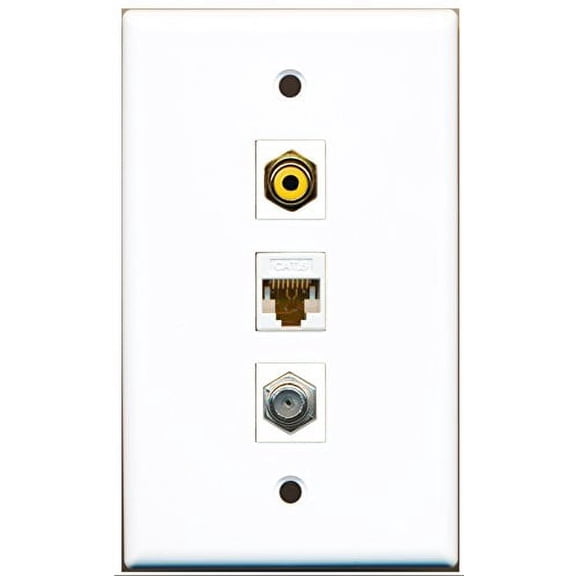 RiteAV - 1 Port RCA Yellow and 1 Port Coax Cable TV- F-Type and 1 Port Cat6 Ethernet White Wall Plate