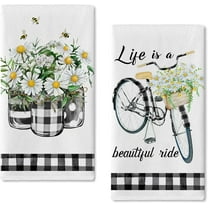 Spring Daisy Floral Flowers Bike Kitchen Dish Towel Set of 2, Life is a Beautiful Ride Hand Towel Buffalo Check Plaid Jar Drying Baking Cooking Cloth, Summer Seasonal Kitchen Decor 18x26 Inches