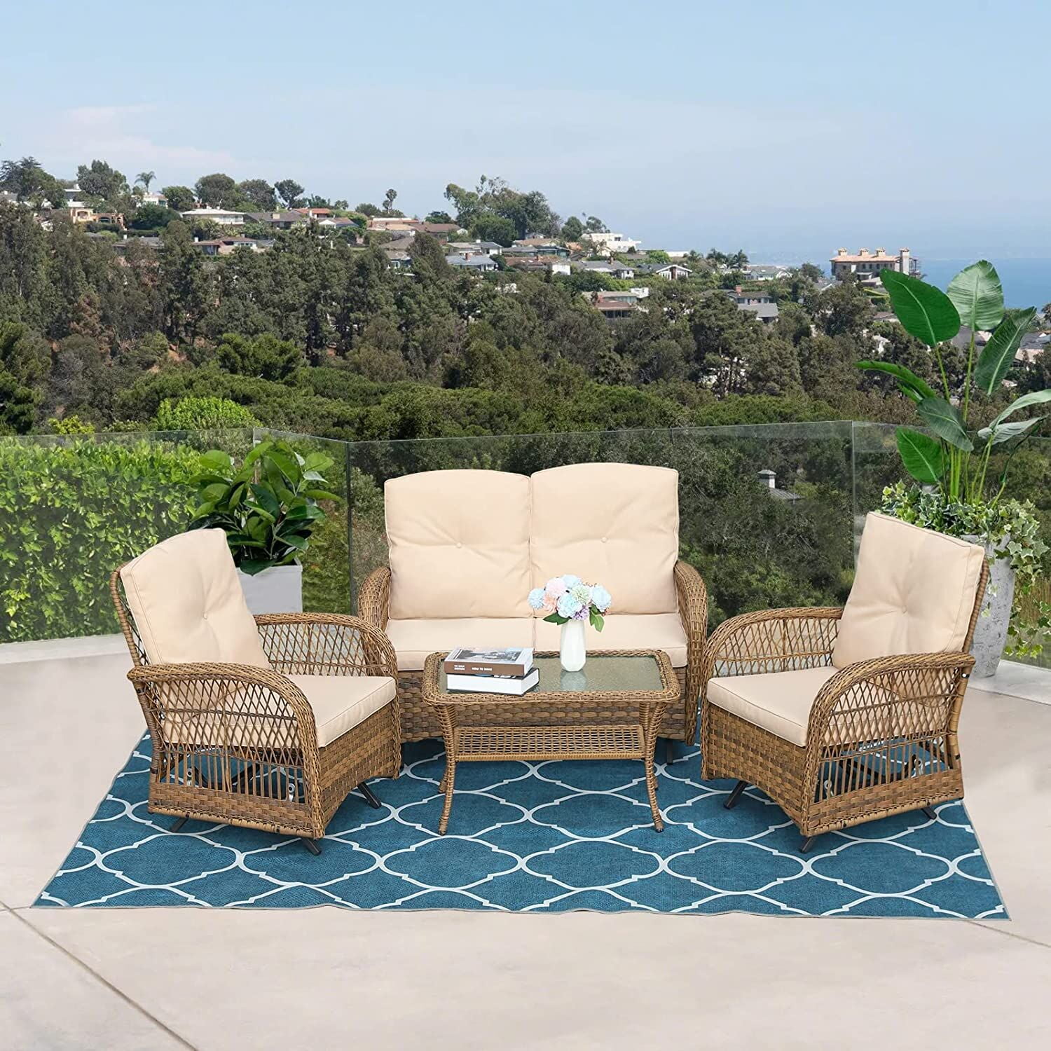 MEETWARM 4Piece Outdoor Furniture Patio Conversation Set Wicker Glider