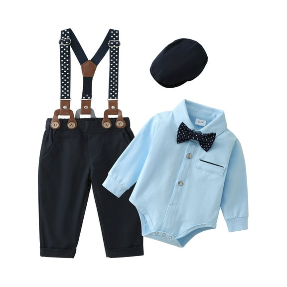 CARETOO Baby Boy Clothes Suit 0-24M Infant Tuxedo Long Sleeve Outfits Suspender Pants Bowtie Hat Set