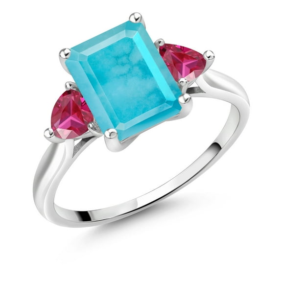 Gem Stone King 10K White Gold Green Turquoise and Red Created Ruby 3 Stone Engagement Ring for Women (2.34 Cttw, Emerald Cut 9X7MM, Gemstone Birthstone, Size 6)