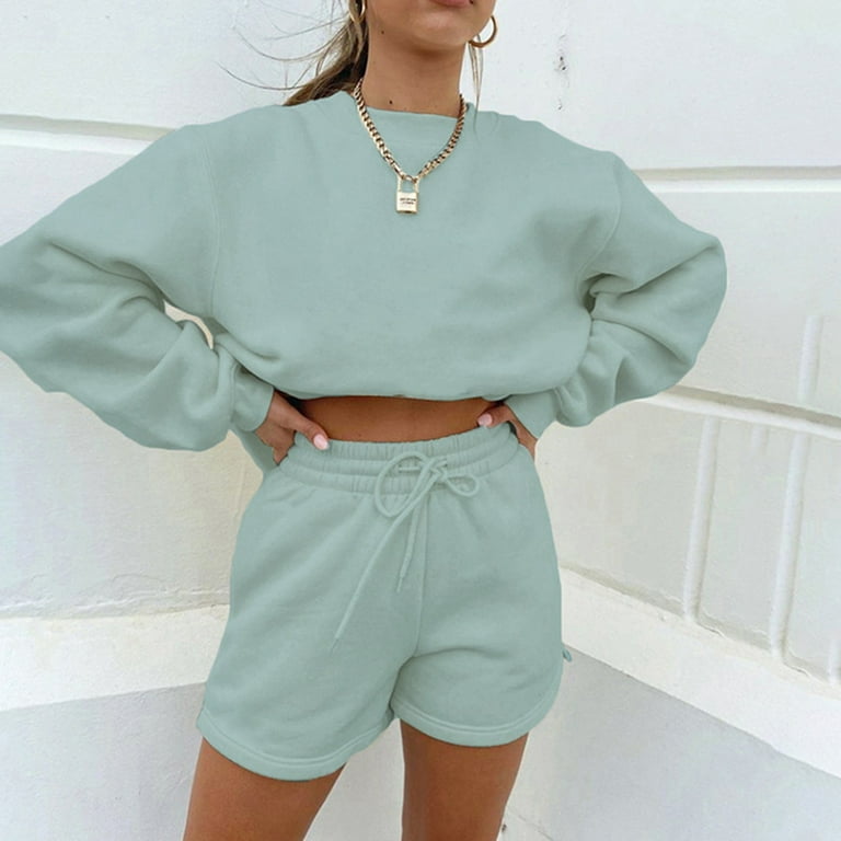 Women Elegant Pullovers Pants Suit Women 2 Piece Outfits-Long Sleeve Short  Sets Crop Tops And Shorts Tracksuit Set