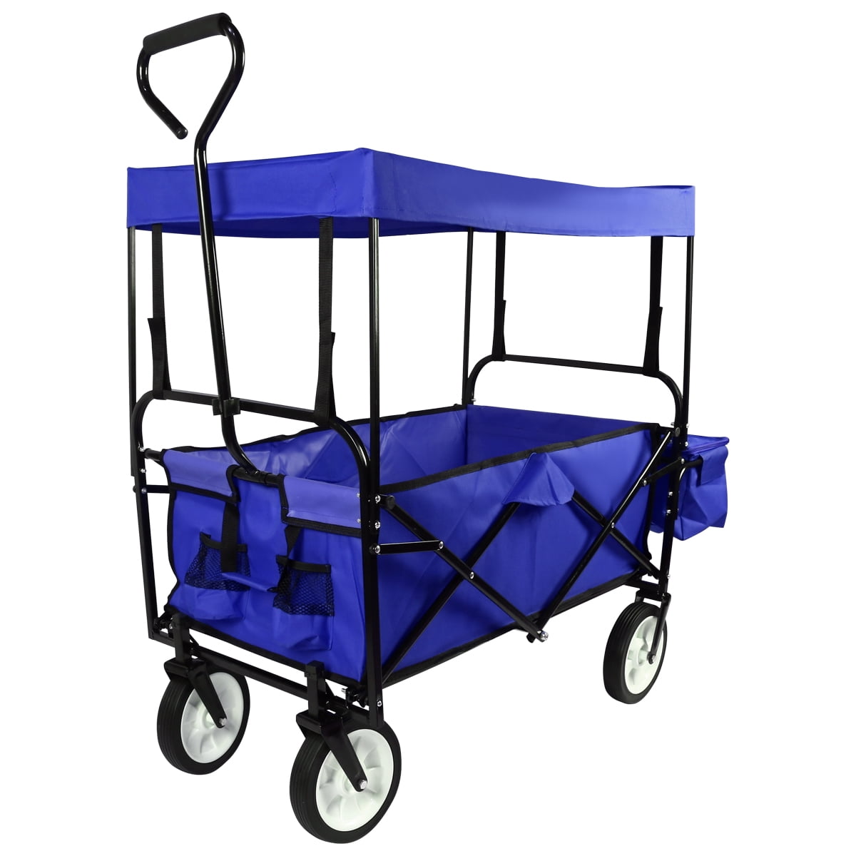 Geniqua Blue Utility Collapsible Folding Wagon Cart w/Canopy Garden Beach Toy Sport Buggy