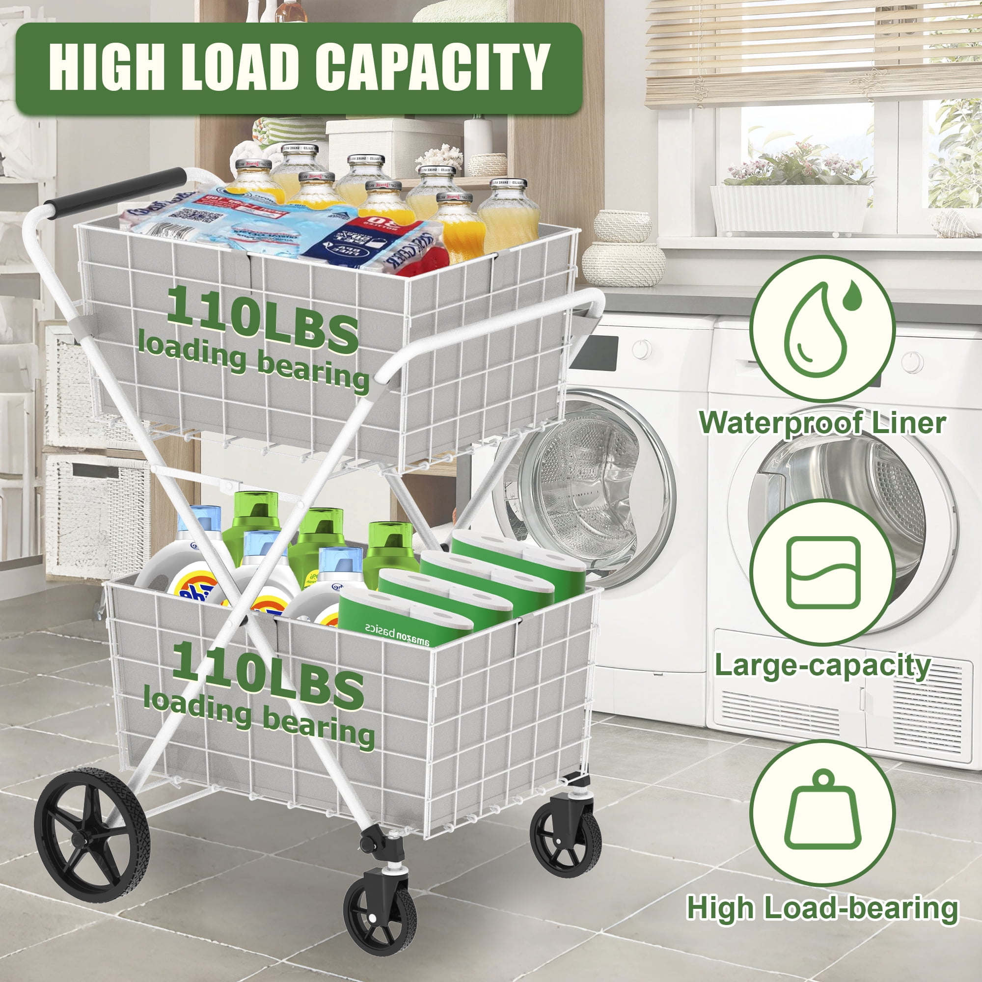 Yoneston 2-Tier Rolling Shopping Cart with 2 × 60L Baskets, 220 LBS Load Capacity Foldable Utility Cart for Groceries, Laundry, Kitchen, White