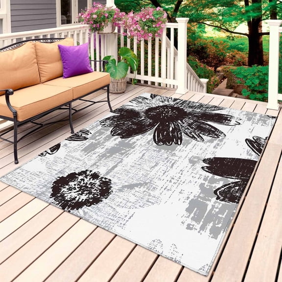 Black White Spring Floral Outdoor Rug 5x7 Ft, Non Slip Washable Area Rug, Summer Flowers Botanical Patio Rugs Carpet Runner, Large Floor Mat for Indoor/Outdoor Deck Porch Camping